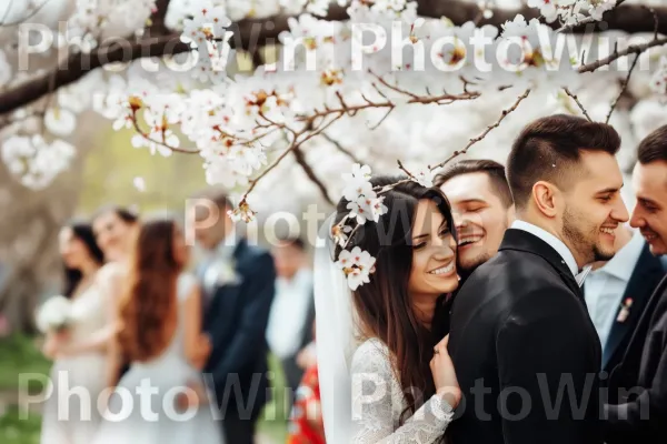 נשואים טריים מחליפים נדרים מכל הלב תחת פריחת דובדבן פורחת. צמח, כַּלָה, בגדי כלה