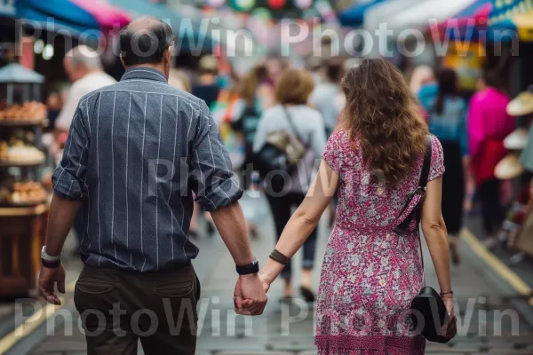 זוג נשוי מחזיק ידיים תוך כדי סיור ברחוב השוקק בעיר. תסרוקת, שְׁעוֹת הַיוֹם, בית המקדש