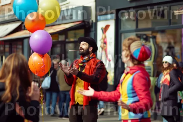 מוזיקאי רחוב משעשע את העוברים והשבים בהופעה תוססת. פְּנַאִי, שַׂמֵחַ, כובע