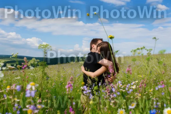 זוג נשוי מתחבק בחוזקה בין שדה של פרחי בר. שָׁמַיִם, אזור אקולוגי, אנשים בטבע