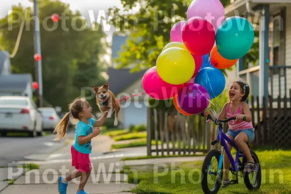 ילדים צוחקים ומשחקים ברחוב שכונתי. אופניים, צמיג, רכב