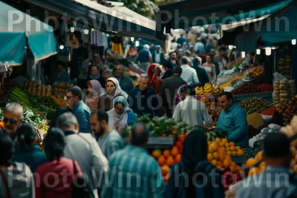 קהל של קונים שועט בשוק רחוב הומה. בית המקדש, יַרקָן, קָהָל