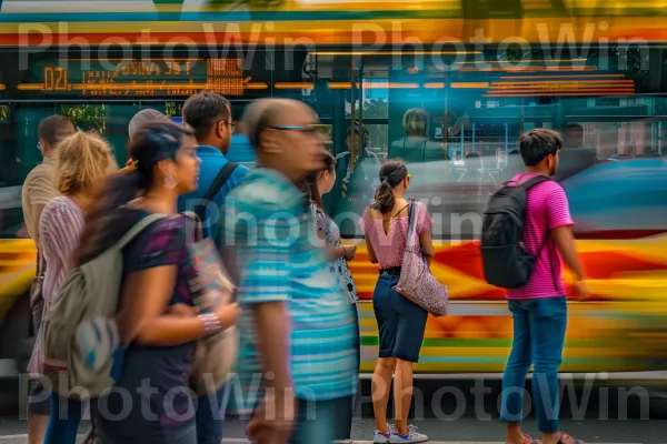 נוסעים מחכים בפינת רחוב סואנת לתחבורה ציבורית. כתום, צהוב, פְּנַאִי