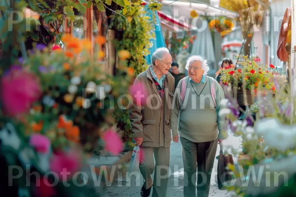 קשישים משוחחים ומטיילים בנחת ברחוב שקט. פֶּרַח, בּוֹטָנִיקָה, בית המקדש