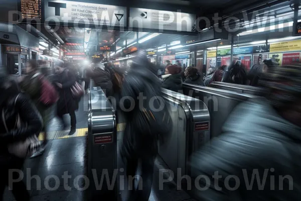 נוסעים ממהרים דרך כניסה עמוסה ברכבת התחתית במרכז העיר. עיצוב רכב, מַתֶכֶת, תחבורה ציבורית