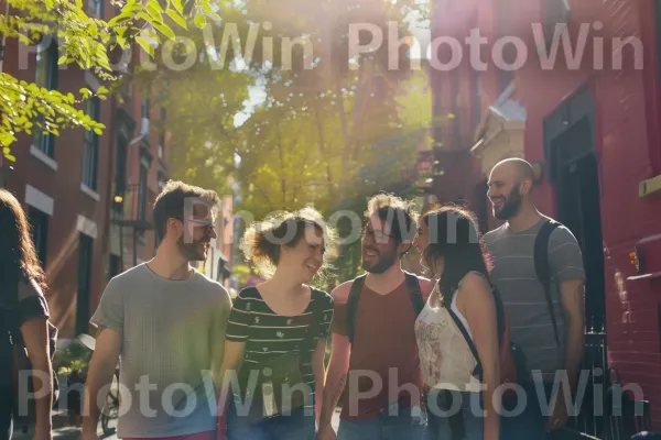 קבוצת חברים צוחקת והולכת ברחוב שטוף שמש. שְׁכוּנָה, כֵּיף, משקפיים