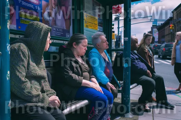 נוסעים מחכים בסבלנות בתחנת אוטובוס, שקועים במחשבותיהם. עִיר, ז\'קֵט, שָׁמַיִם