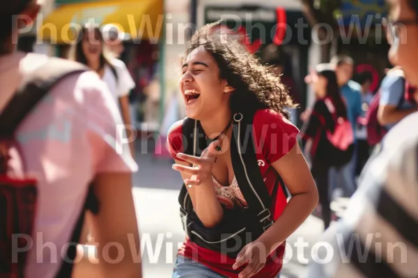 קבוצת צעירים מפטפטת וצוחקת בשמחה על המדרכה. חיוך, צהוב, מִכְנָסַיִים קְצָרִים