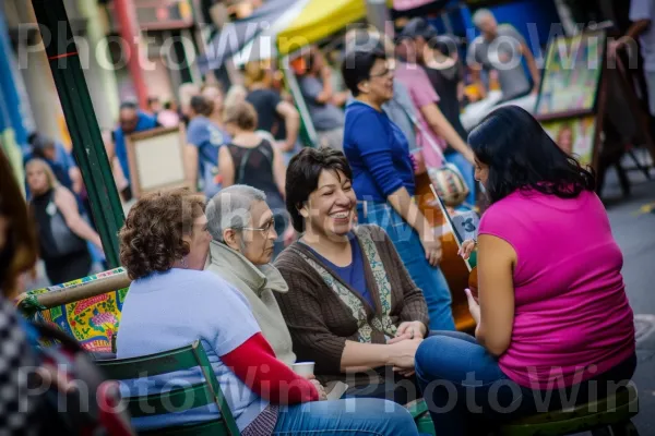 קבוצת אנשים מגוונת מנהלת שיחה בפינת רחוב סואנת. כְּחוֹל, כִּסֵא, קָהָל