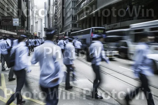 עובדים בחליפות צועדים בזריזות למשרדיהם בשעות העומס. בִּניָן, עִיר, מעבר חצייה להולכי רגל