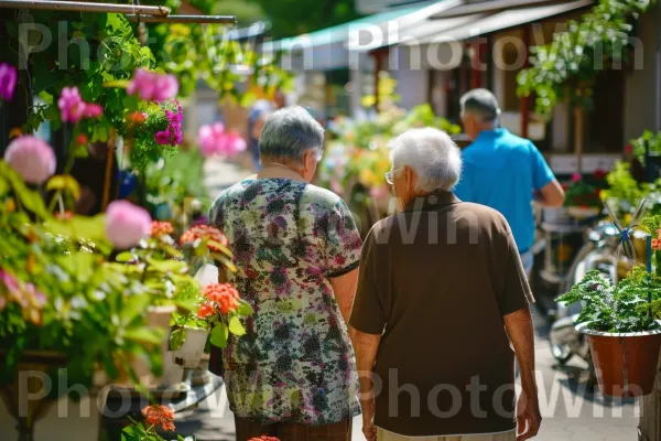 קשישים משוחחים ומטיילים בנחת ברחוב שקט. פֶּרַח, צמח, בּוֹטָנִיקָה