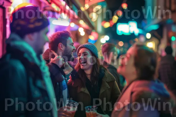 קבוצת חברים נהנית מבילוי לילי תוסס ברחוב עירוני תוסס. אינטראקציה, בידור, כֵּיף