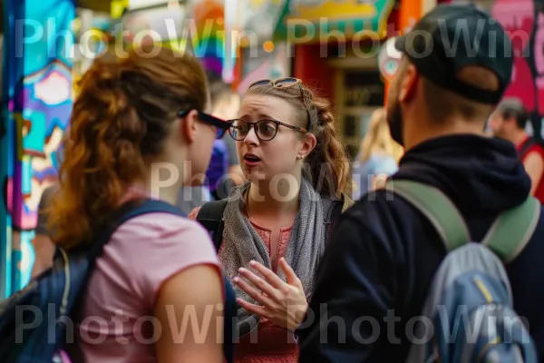 אנשים שקועים בשיחה ובפעילויות שוקקות ברחוב. טיפול חזון, שְׁעוֹת הַיוֹם, אינטראקציה