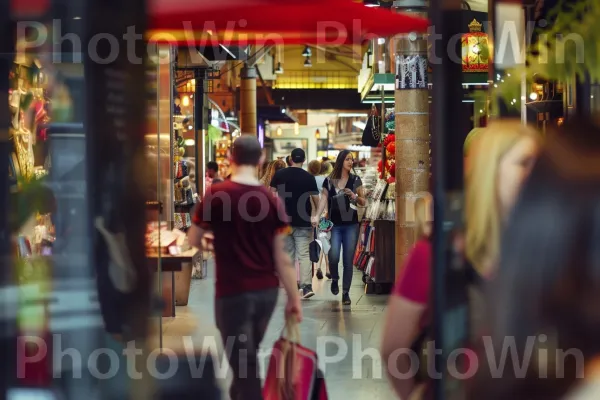 רובע קניות הומה עם אנשים גולשים בבוטיקים אופנתיים. קמעונאות, עִיר, פְּנַאִי