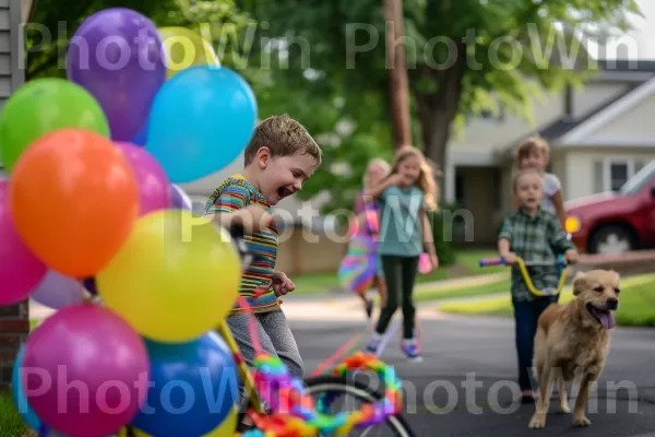 ילדים צוחקים ומשחקים ברחוב שכונתי. כֶּלֶב, צמיג, בַּלוֹן