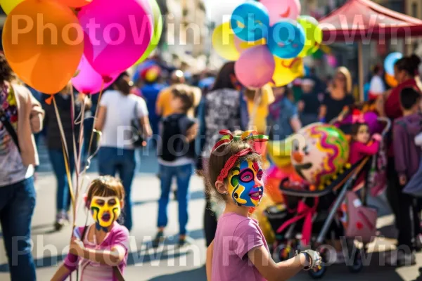 רחוב צפוף במהלך אירוע חגיגי, עם ילדים צבועים פנים ומוכרי בלונים. תַצלוּם, ירוק, סָגוֹל