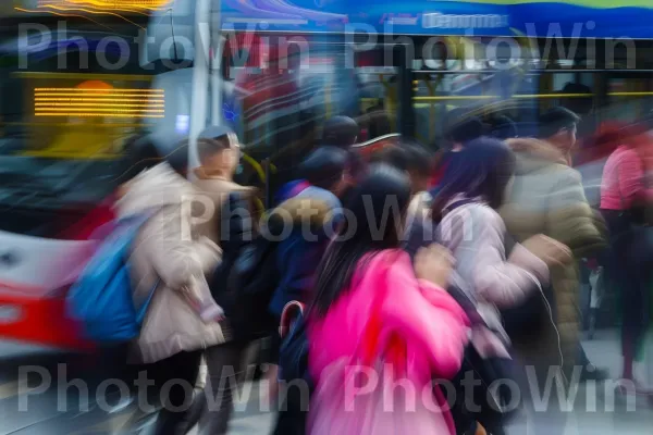 מדרכה עמוסה באנשים שממהרים לתפוס את האוטובוסים שלהם. וָרוֹד, מרחב ציבורי, פְּנַאִי