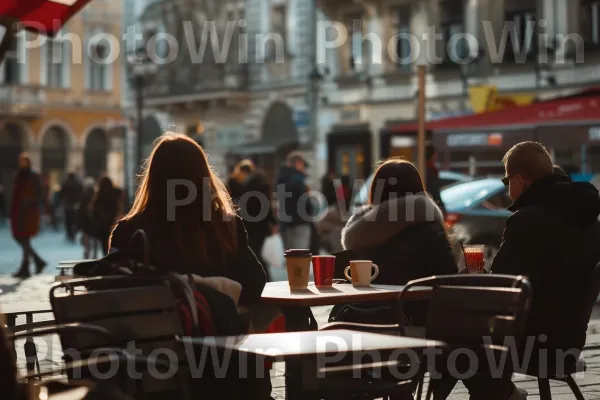 חברים נהנים מקפה ומפטפטים בבית קפה בצד הרחוב. תַצלוּם, אוֹר, חַלוֹן