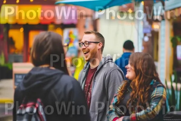 קבוצת חברים נהנית מטיול נינוח בשכונה תוססת. חיוך, שַׂמֵחַ, פְּנַאִי