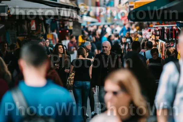 תמונת מצב של האווירה העירונית התוססת עם אנשים הומים מסביב. עוֹמֵד, צרכן, כְּבִישׁ