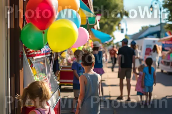 משפחות וילדים נהנים מיום שמשי ברחוב סואן. תַצלוּם, בַּלוֹן, עֵץ