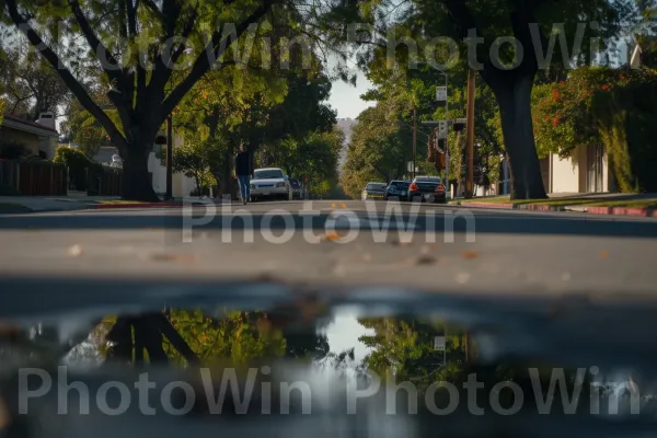 רגע של הרהור כשאנשים זרים חוצים שבילים ברחוב שליו עטור עצים. שְׁעוֹת הַיוֹם, שָׁמַיִם, תאורת רכב