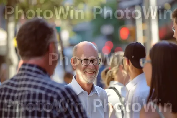 אנשים מתחומי חיים שונים מתערבבים בפינת רחוב סואנת. חיוך, כתום, פְּנַאִי