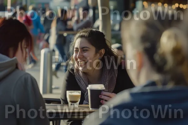 חברים לוגמים קפה ומנהלים שיחות במרפסת בית קפה תוססת. בגדים עליונים, שַׂמֵחַ, צרכן