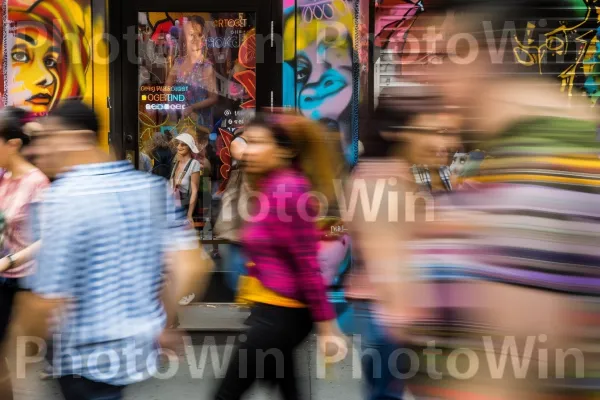 סצנת מדרכות עירונית צפופה עם אנשים מגוונים הולכים ומפטפטים. בית המקדש, עוֹמֵד, פְּנַאִי