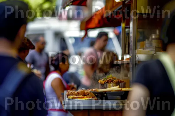 רוכלי אוכל רחוב מפתים עוברי אורח בניחוחות טעימים. צרכן, מרחב ציבורי, מוכר