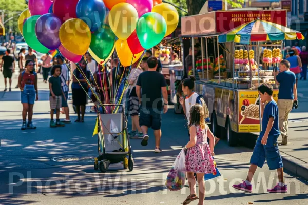 משפחות וילדים נהנים מיום שמשי ברחוב סואן. תַצלוּם, שמלה, בַּלוֹן