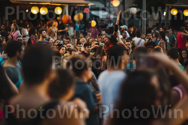 קהל המתבונן בסקרנות באמני רחוב פועלים. כתום, פְּנַאִי, אירוע