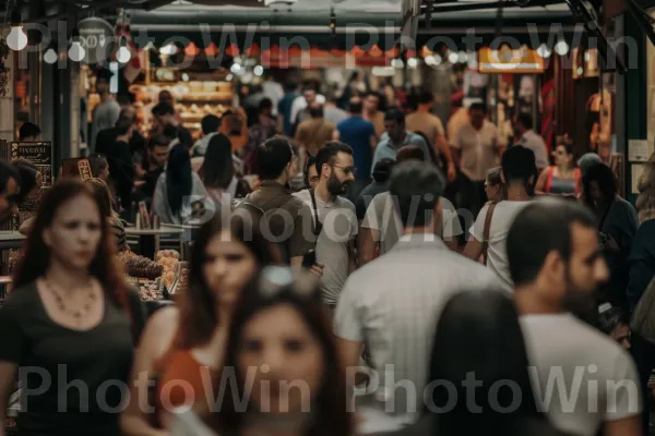 רחוב תוסס מלא באנשים שקועים בשגרת היום יום שלהם. כתום, חולצה קצרה, קָהָל