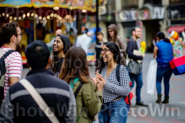 קבוצת חברים צוחקת ומפטפטת על מדרכה סואנת. תַשׁתִית, כתום, משקפיים