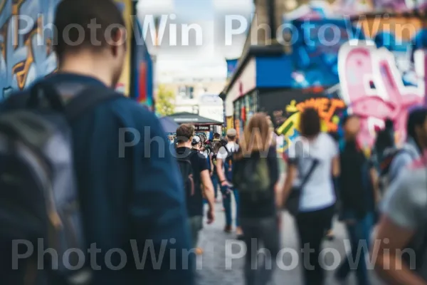 קבוצה מגוונת של אנשים הולכים ברחוב עירוני שוקק חיים. שָׁמַיִם, טיול, בוקר