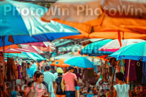 אנשים מנווטים בשוק רחוב תוסס מלא בדוכנים צבעוניים. שְׁעוֹת הַיוֹם, ירוק, טיול