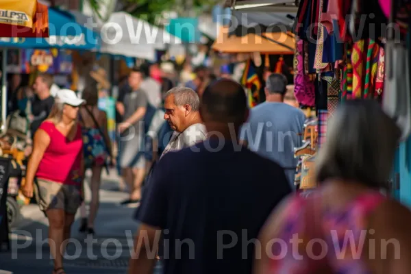 עוברי אורח חוקרים רחוב תוסס שלאורכו בוטיקים וחנויות. מִכְנָסַיִים קְצָרִים, קָהָל, קניות