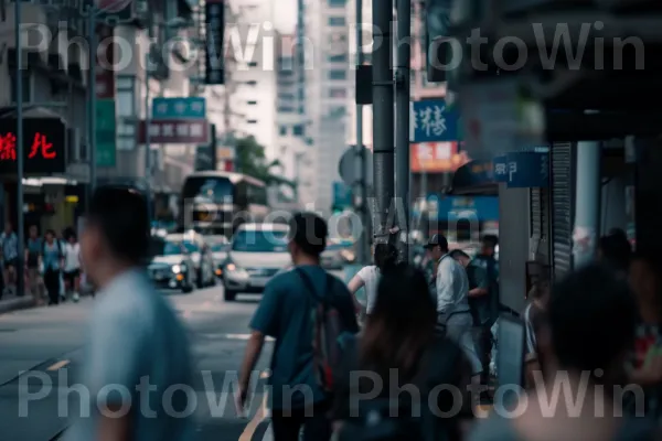 נוסעים הולכים במרץ בין בניינים גבוהים לאורך רחוב הומה. בִּניָן, אוטו, חַלוֹן