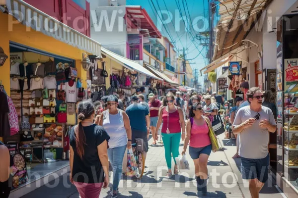 רחוב הומה מלא בהולכי רגל תוססים שנהנים מיום שמשי. שָׁמַיִם, קניות, שְׁכוּנָה