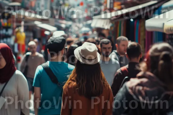 רחוב תוסס מלא באנשים העוסקים בחיי היומיום שלהם. בית המקדש, כובע, טיול