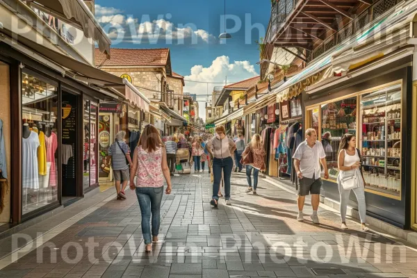 תמונת מצב של הולכי רגל החוקרים רחוב תוסס עם חנויות ובתי קפה. שְׁעוֹת הַיוֹם, תַשׁתִית, טיול