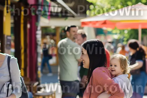 משפחות נהנות מזמן איכות כשהן מטיילות בחנויות ובתי הקפה ברחוב. צרכן, אינטראקציה, פְּנַאִי