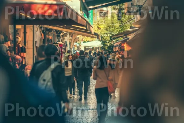 תמונת מצב של הולכי רגל החוקרים רחוב תוסס עם חנויות ובתי קפה. צמח, עֵץ, פְּנַאִי