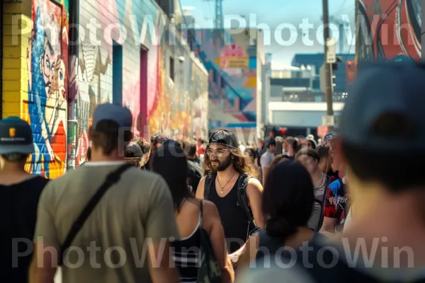 תמונת מצב עירונית תוססת המתעדת את מגוון האנשים ברחוב. כובע, קָהָל, כובע בייסבול