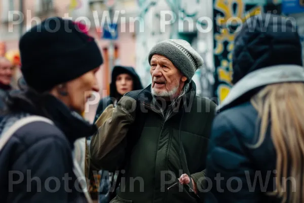 צילומי רחוב אקספרסיביים הלוכדים את הרגשות הגולמיים של חיי היומיום. כובע, קָהָל, ז\'קֵט