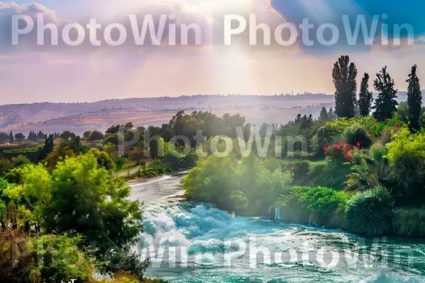 הפרידה המופלאה של נהר הירדן לבני ישראל תחת יהושע, מתוך התנ\"ך. שָׁמַיִם, משאבי מים, נוף טבעי